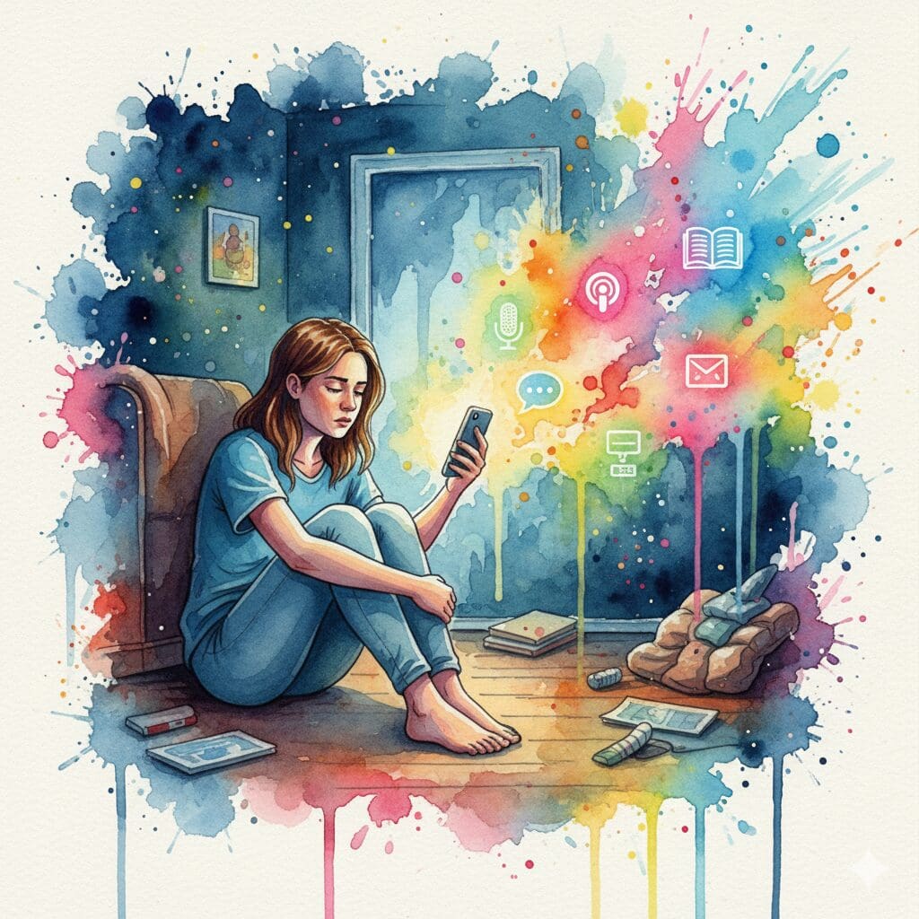 Eine Person in der Krise findet nachts Hilfe auf ihrem leuchtenden Smartphone. Symbol für die 24/7-Verfügbarkeit von Online-Hilfe.