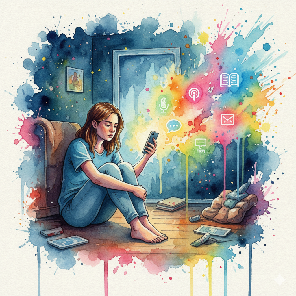 Eine Person in der Krise findet nachts Hilfe auf ihrem leuchtenden Smartphone. Symbol für die 24/7-Verfügbarkeit von Online-Hilfe.