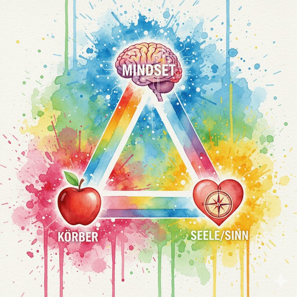 Ein leuchtendes Dreieck verbindet die Symbole für Körper, Geist und Seele. Symbol für die ganzheitliche Heilung in der Recovery.