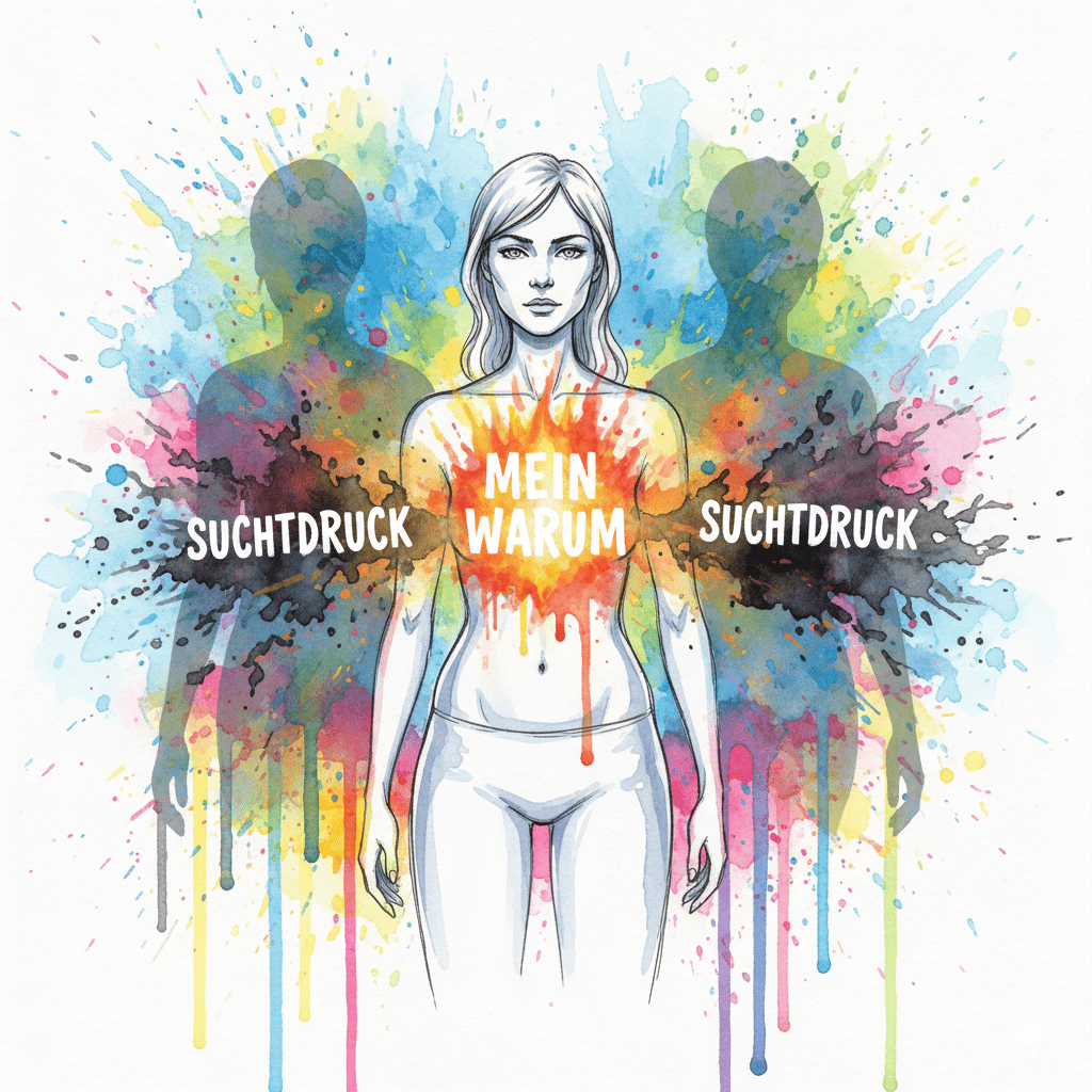 Ein helles inneres Feuer mit der Aufschrift "MEIN WARUM" brennt in der Brust einer Person und vertreibt die Schatten des Suchtdrucks. Symbol für die Kraft der Sinnfindung.