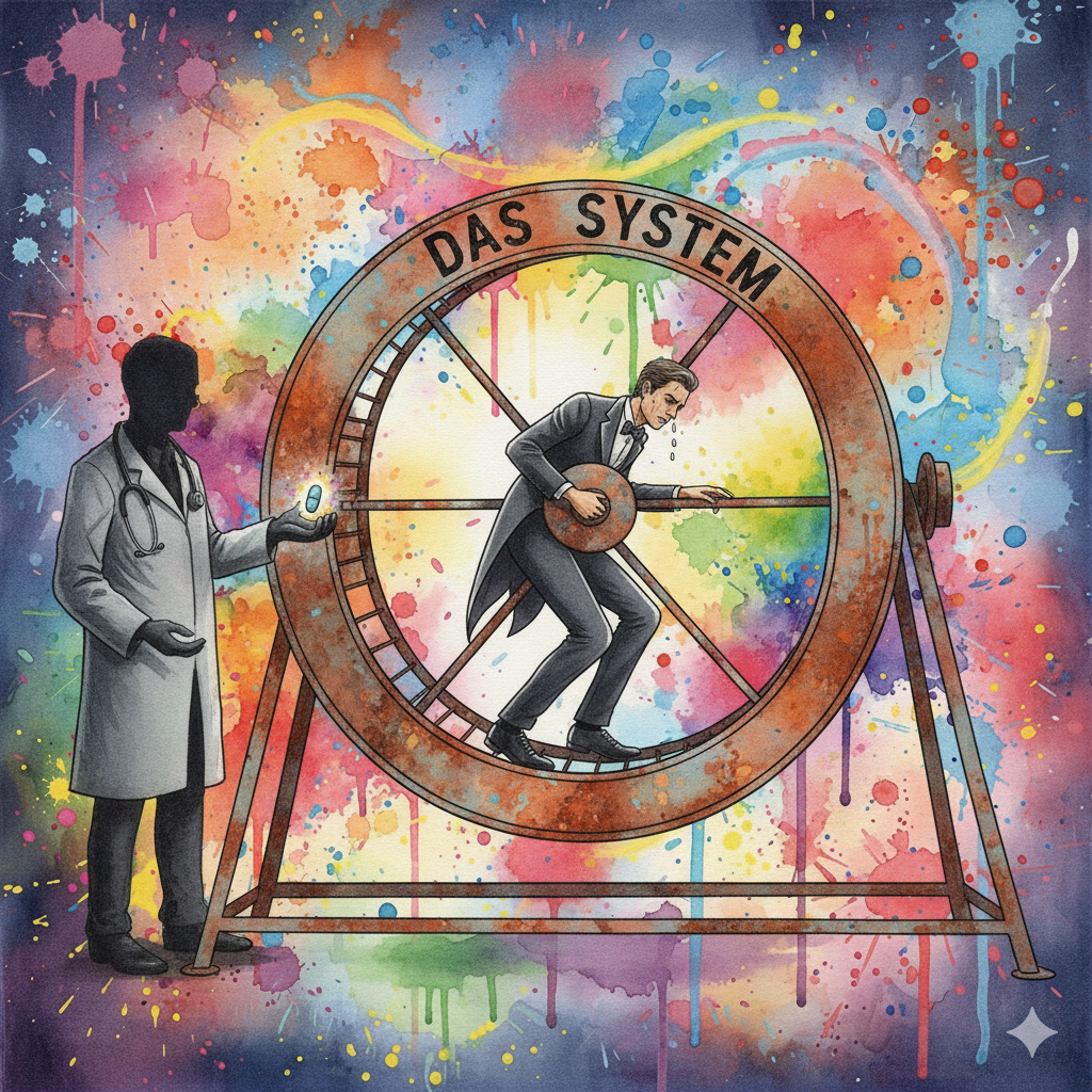Die NeelixberliN-Figur läuft in einem Hamsterrad ("DAS SYSTEM"), als Symbol für den Drehtür-Effekt und die Willens-Lüge in der Suchthilfe.