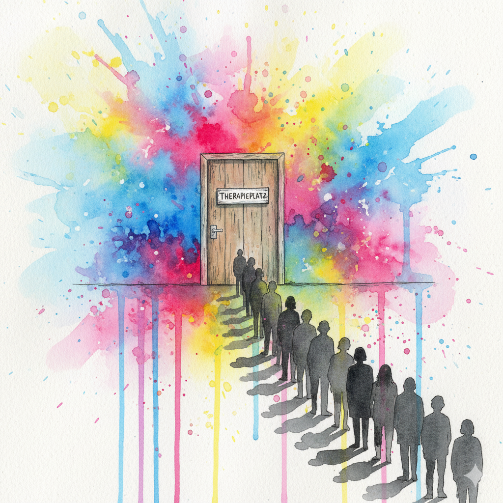 Eine endlose Schlange von hoffnungslosen Menschen wartet vor einer verschlossenen Tür mit der Aufschrift "THERAPIEPLATZ". Symbol für die Wartelisten-Lüge.