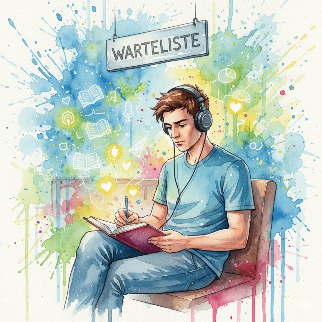 Eine Person im Wartezimmer, die die Zeit nutzt, um aktiv über Sucht zu lernen. Symbol für das Hacken der Warteliste.