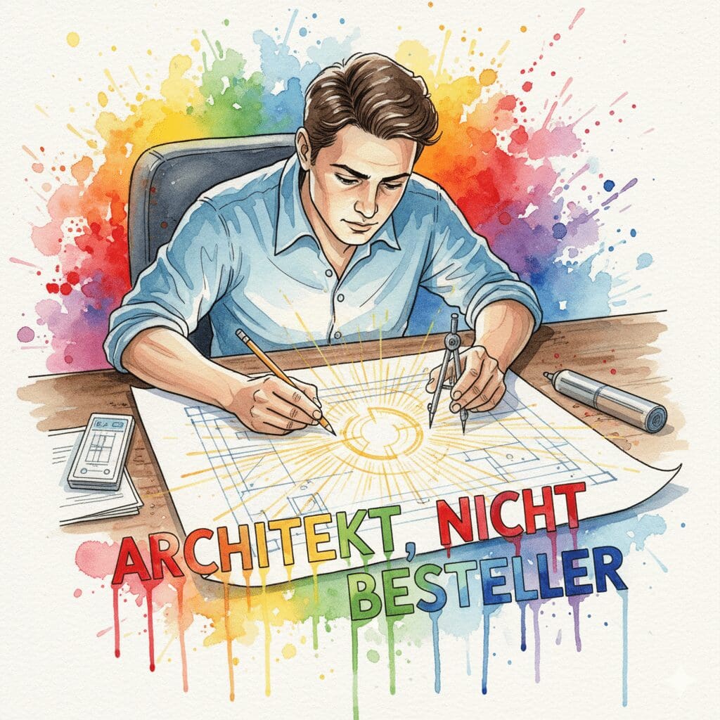 Eine Person als Architekt ihrer eigenen Zukunft, als Symbol für die aktive, selbstbestimmte Haltung in der Recovery im Gegensatz zum passiven Wünschen.