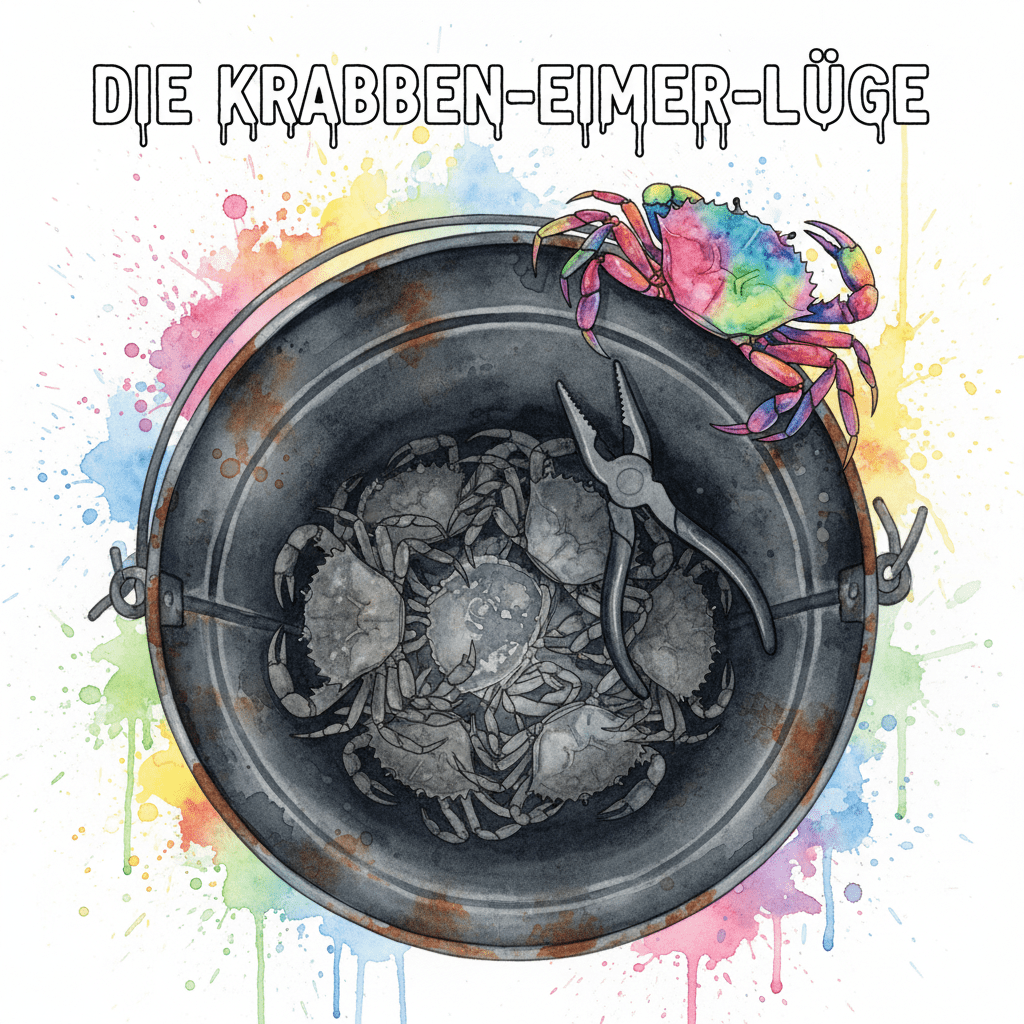 Titelbild für "Die Krabben-Eimer-Lüge". Eine bunte Krabbe klettert aus einem dunklen Eimer, während eine Zange sie zurückzieht. Symbol für Sabotage in der Sucht-Recovery.