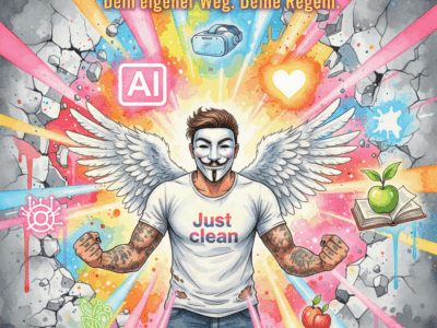 Titelbild für "Das NeelixberliN-Manifest". Die NeelixberliN-Figur bricht aus alten, grauen Mauern aus, umgeben von leuchtenden Symbolen für KI, VR, Mindset, Ernährung und Online-Wissen.