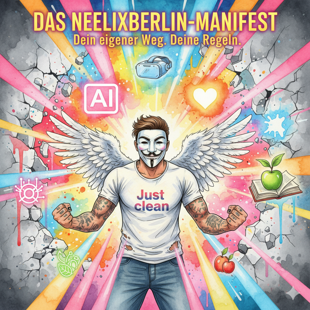 Titelbild für "Das NeelixberliN-Manifest". Die NeelixberliN-Figur bricht aus alten, grauen Mauern aus, umgeben von leuchtenden Symbolen für KI, VR, Mindset, Ernährung und Online-Wissen.