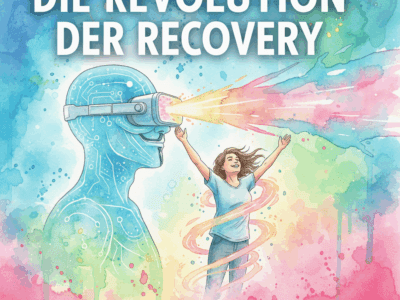 "Die Revolution der Recovery". Eine leuchtende KI hält eine VR-Brille, die eine glückliche Person in ein Licht hüllt. Symbol für die Zukunft der Suchthilfe.
