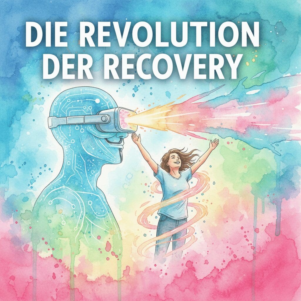 "Die Revolution der Recovery". Eine leuchtende KI hält eine VR-Brille, die eine glückliche Person in ein Licht hüllt. Symbol für die Zukunft der Suchthilfe.