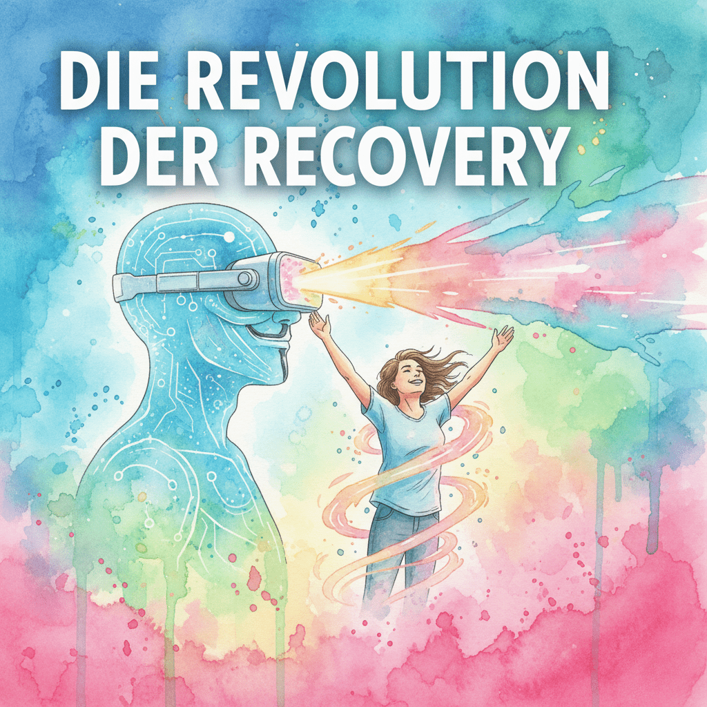 "Die Revolution der Recovery". Eine leuchtende KI hält eine VR-Brille, die eine glückliche Person in ein Licht hüllt. Symbol für die Zukunft der Suchthilfe.