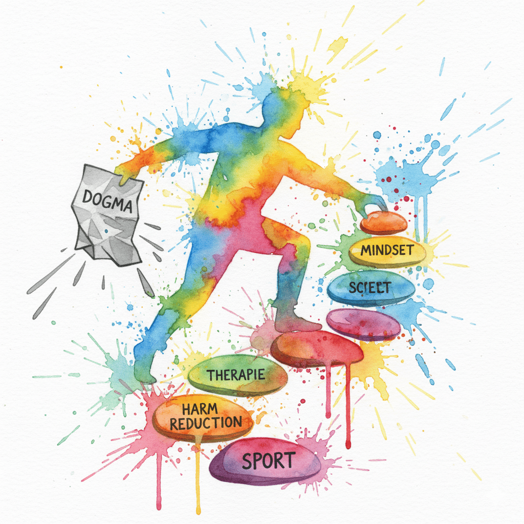 Eine Person wirft einen "Dogma"-Bauplan weg und baut ihren eigenen Weg aus verschiedenen Werkzeugen. Symbol für einen individuellen Recovery-Weg.