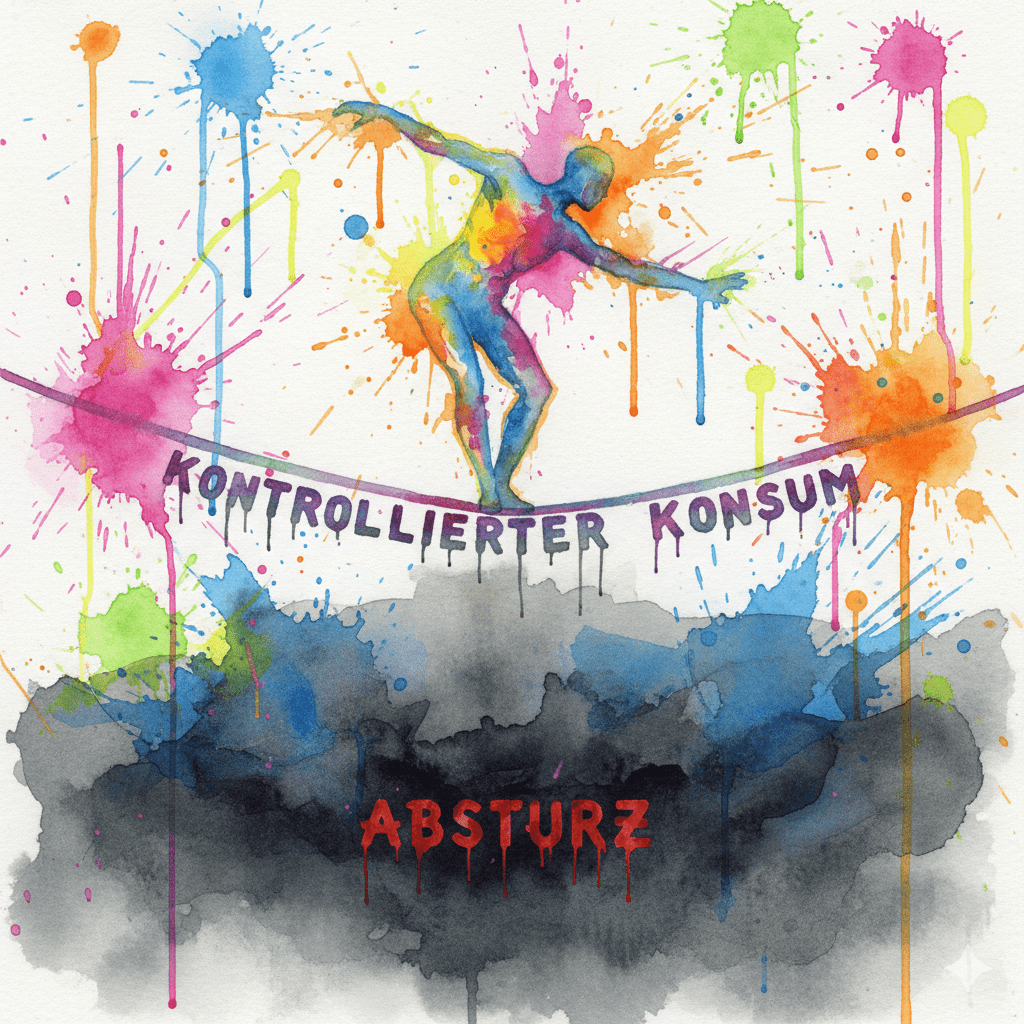Eine Person balanciert auf einem Drahtseil ("Kontrollierter Konsum") über einem Abgrund. Symbol für die gefährliche Illusion des KK.