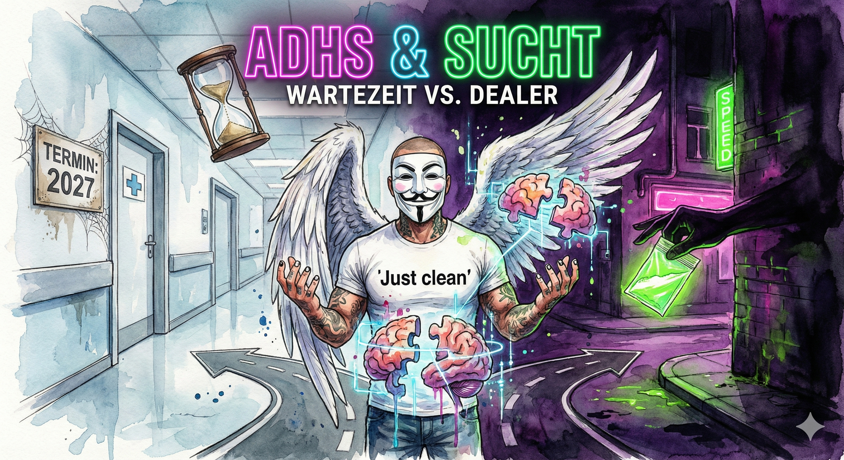 Titelbild "ADHS & Sucht". Die NeelixberliN-Figur steht zwischen einer Arztpraxis mit langer Wartezeit (2027) und einem Dealer mit sofortigen Drogen. Symbol für das Versagen der ADHS-Versorgung.