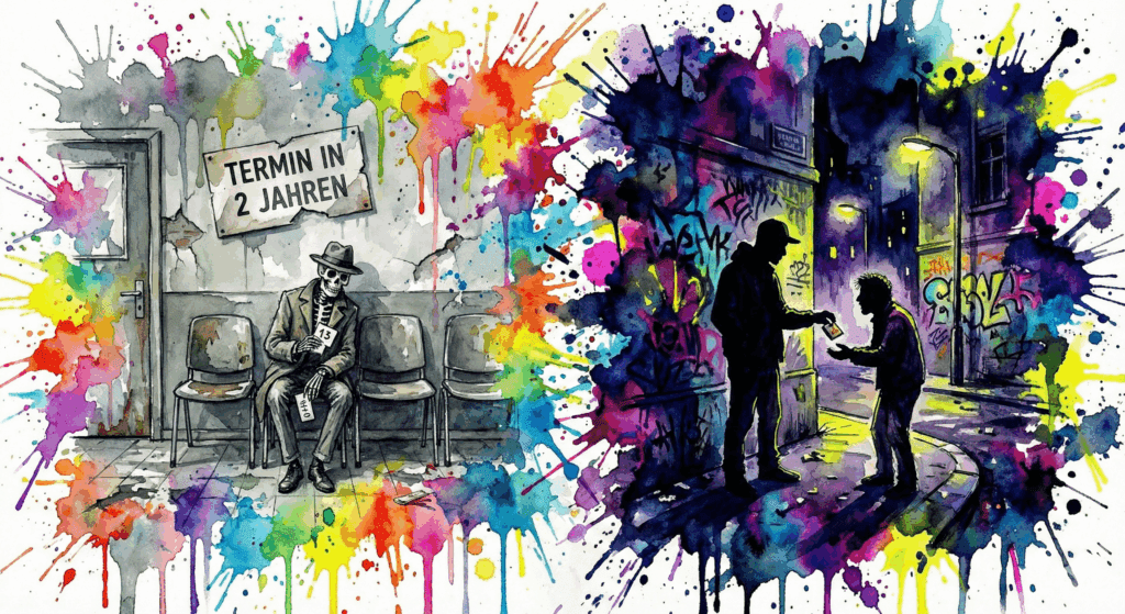 Links wartet ein Patient jahrelang auf einen Arzttermin, rechts bekommt er sofort Drogen vom Dealer. Symbol für das Versagen der ADHS-Versorgung.