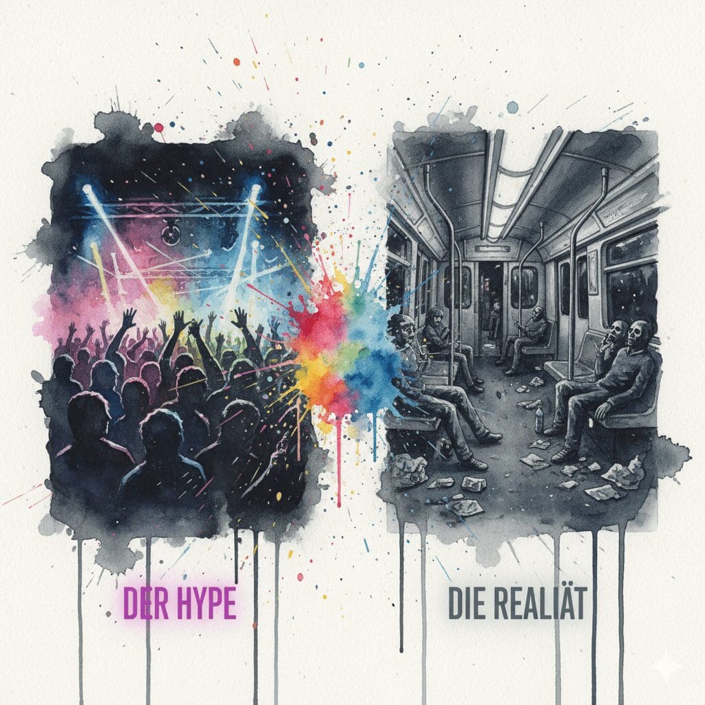 Geteiltes Bild: Links Berliner Clubszene, rechts die Drogenszene in der U-Bahn U8. Symbol für die Extreme der Hauptstadt.