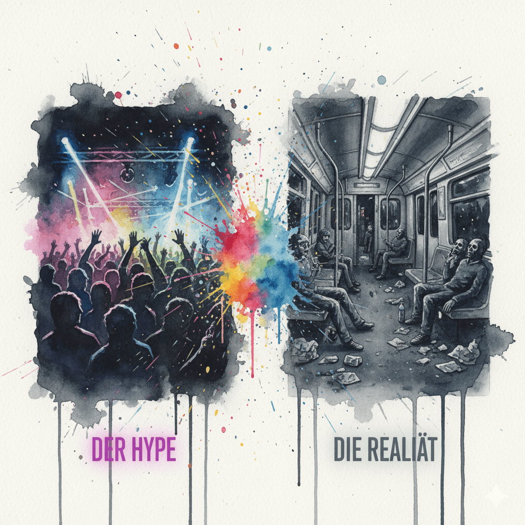 Geteiltes Bild: Links Berliner Clubszene, rechts die Drogenszene in der U-Bahn U8. Symbol für die Extreme der Hauptstadt.