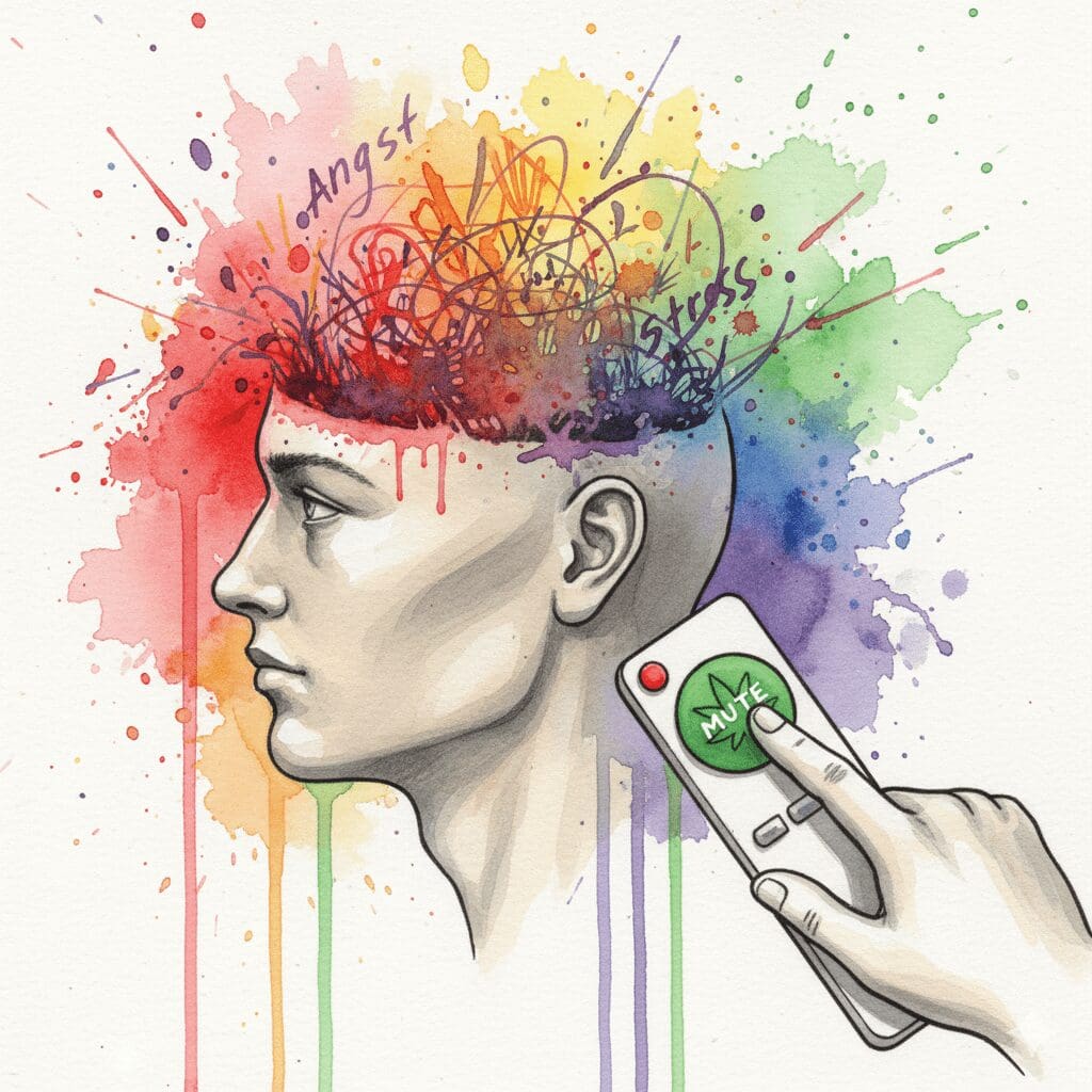 Eine Fernbedienung mit Cannabis-Taste schaltet das Gedankenchaos im Kopf auf stumm. Symbol für Selbstmedikation.