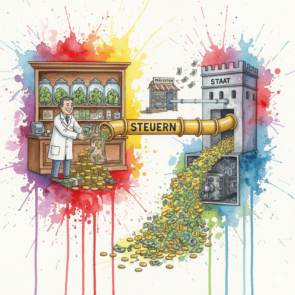 Geld fließt aus dem Cannabis-Verkauf zum Staat, nur wenig geht in die Prävention. Symbol für den finanziellen Kreislauf.