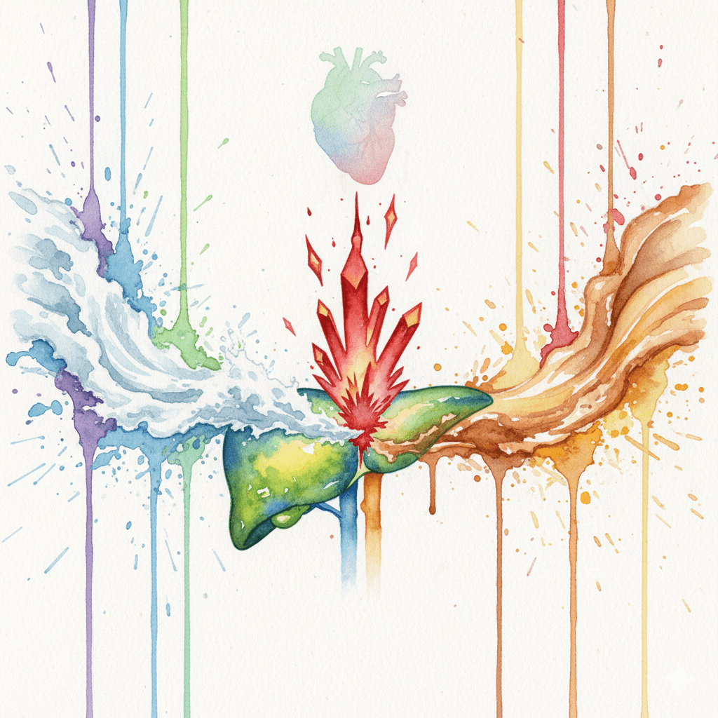 Darstellung, wie die Leber Kokain und Alkohol gleichzeitig verstoffwechselt und das hochgiftige Cocaethylen als Nebenprodukt produziert.