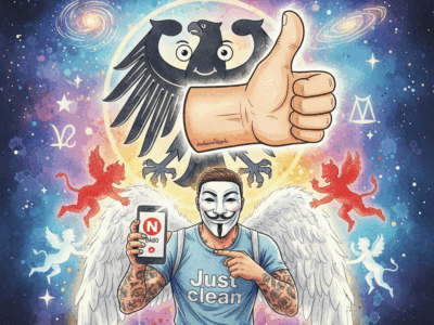 Titelbild "DIE GLAMOUR-LÜGE TEIL 3". Die NeelixberliN-Figur zeigt wütend auf ein Smartphone mit Netflix-Symbol, während ein Bundesadler-Symbol naiv einen "Daumen hoch" gibt. Symbol für die Kritik an Hendrik Streecks Lob der Haftbefehl-Doku.