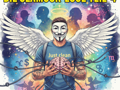 Titelbild "DIE GLAMOUR-LÜGE TEIL 4". Die NeelixberliN-Figur hält ein Gehirn, das von digitalen Kabeln mit Drogen- und Dollar-Symbolen gehackt wird, während im Hintergrund Rapper-Silhouetten zu sehen sind. Symbol für psychologische Manipulation durch Medien.