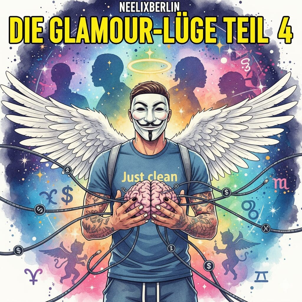 Titelbild "DIE GLAMOUR-LÜGE TEIL 4". Die NeelixberliN-Figur hält ein Gehirn, das von digitalen Kabeln mit Drogen- und Dollar-Symbolen gehackt wird, während im Hintergrund Rapper-Silhouetten zu sehen sind. Symbol für psychologische Manipulation durch Medien.