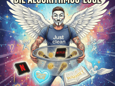 Titelbild "DIE GLAMOUR-LÜGE TEIL 5". Die NeelixberliN-Figur hält einen Filter, der glamouröse Medien-Symbole (Netflix) durchlässt, aber "Echte Hilfe" (Herz) blockiert. Symbol für die Algorithmus-Lüge.