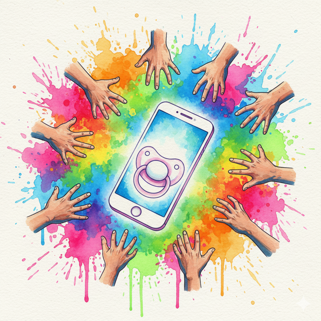 Eine Elternhand gibt einem weinenden Kind ein Smartphone als Schnuller. Symbol für die Dopamin-Falle und die Hilflosigkeit von Eltern.