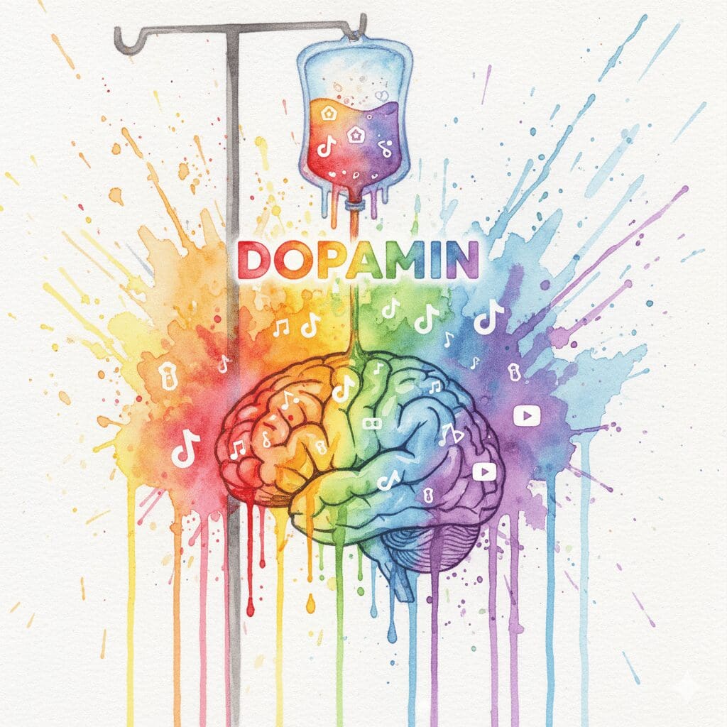 Ein Gehirn wird 24/7 von einer Dopamin-Infusion aus Roblox und TikTok überflutet. Symbol für die digitale Reizüberflutung.