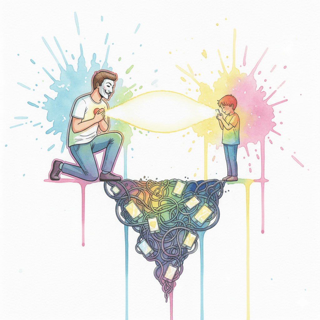 Ein Elternteil baut durch eine Geste der Ehrlichkeit eine Brücke zum Kind über den digitalen Graben. Symbol für Verbindung vor Korrektur.