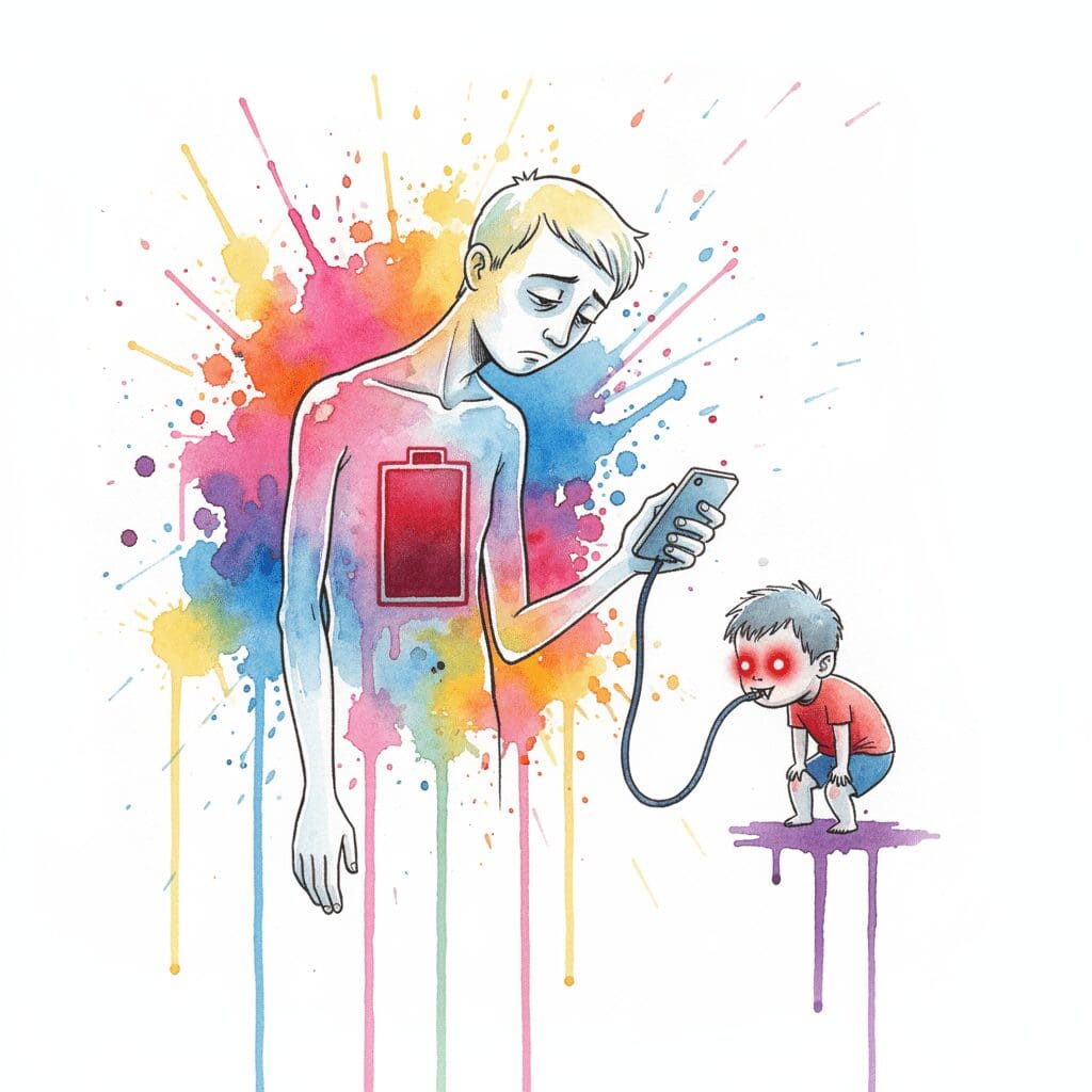 Eine ausgebrannte Eltern-Figur mit leerem Akku, die einem Kind das Handy überlässt. Symbol für die Stress-Falle und den digitalen Schnuller.