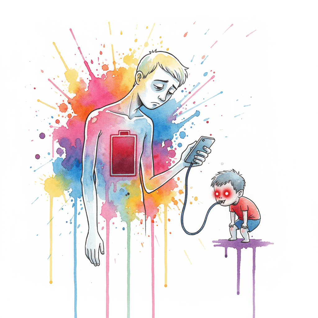 Eine ausgebrannte Eltern-Figur mit leerem Akku, die einem Kind das Handy überlässt. Symbol für die Stress-Falle und den digitalen Schnuller.