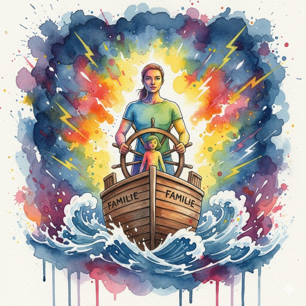 Ein Elternteil als Kapitän, der das Familien-Schiff ruhig durch einen Sturm steuert. Symbol für den "Soul Master" Mindset-Hack für Eltern.