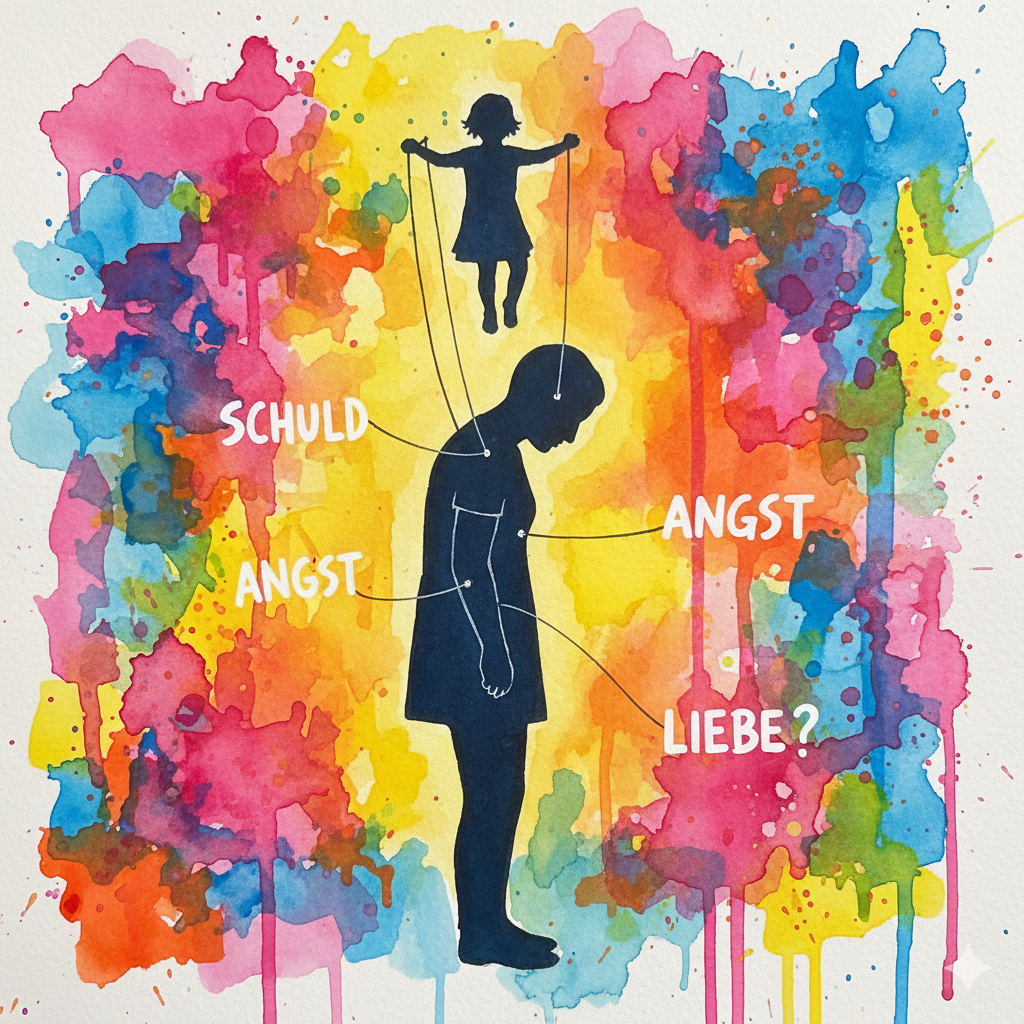 Ein Kind zieht an den "Schuld"- und "Angst"-Fäden einer Eltern-Marionette. Symbol für die unbewussten Dopamin-Tricks und Manipulation.