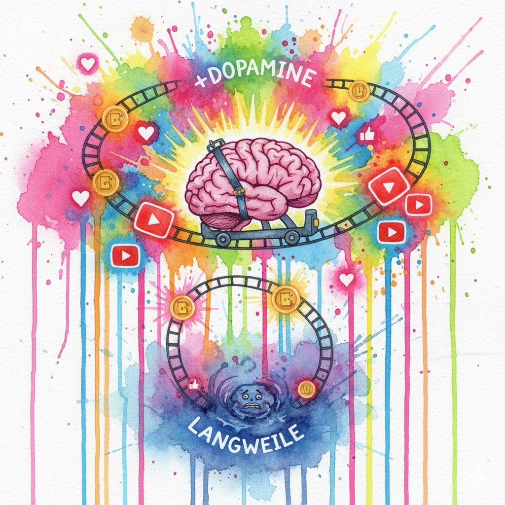 Ein Kinder-Gehirn auf einer Dopamin-Achterbahn, angetrieben von Roblox und TikTok. Symbol für das Priming auf Sucht.