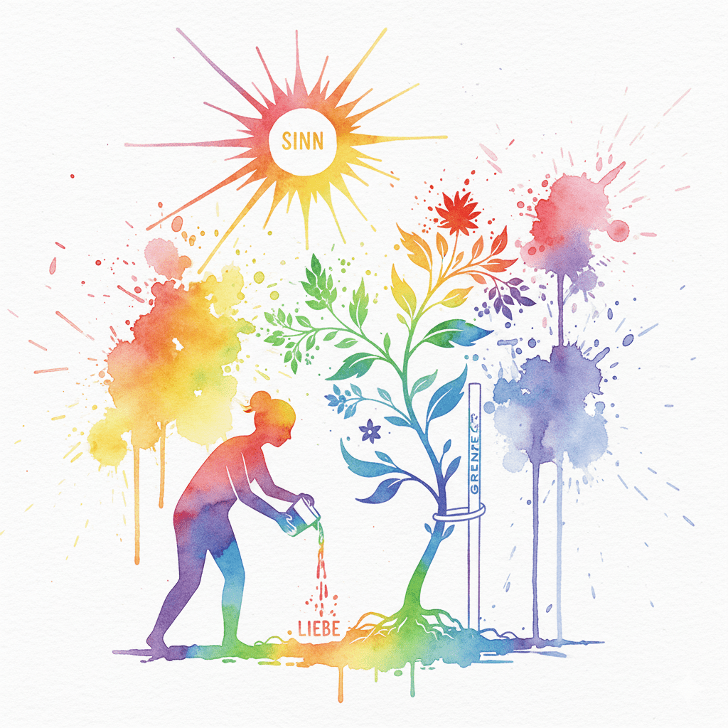 Ein Elternteil als Gärtner, der die Wurzeln (Liebe) gießt und für Halt (Grenzen) sorgt. Symbol für eine Erziehung, die Schöpfer fördert.