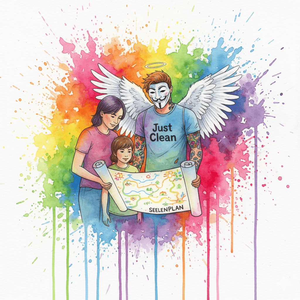 NeelixberliN, Eltern und Kind blicken auf eine leuchtende Landkarte ("Seelenplan"). Symbol für das Vertrauen in das Potenzial des Kindes.