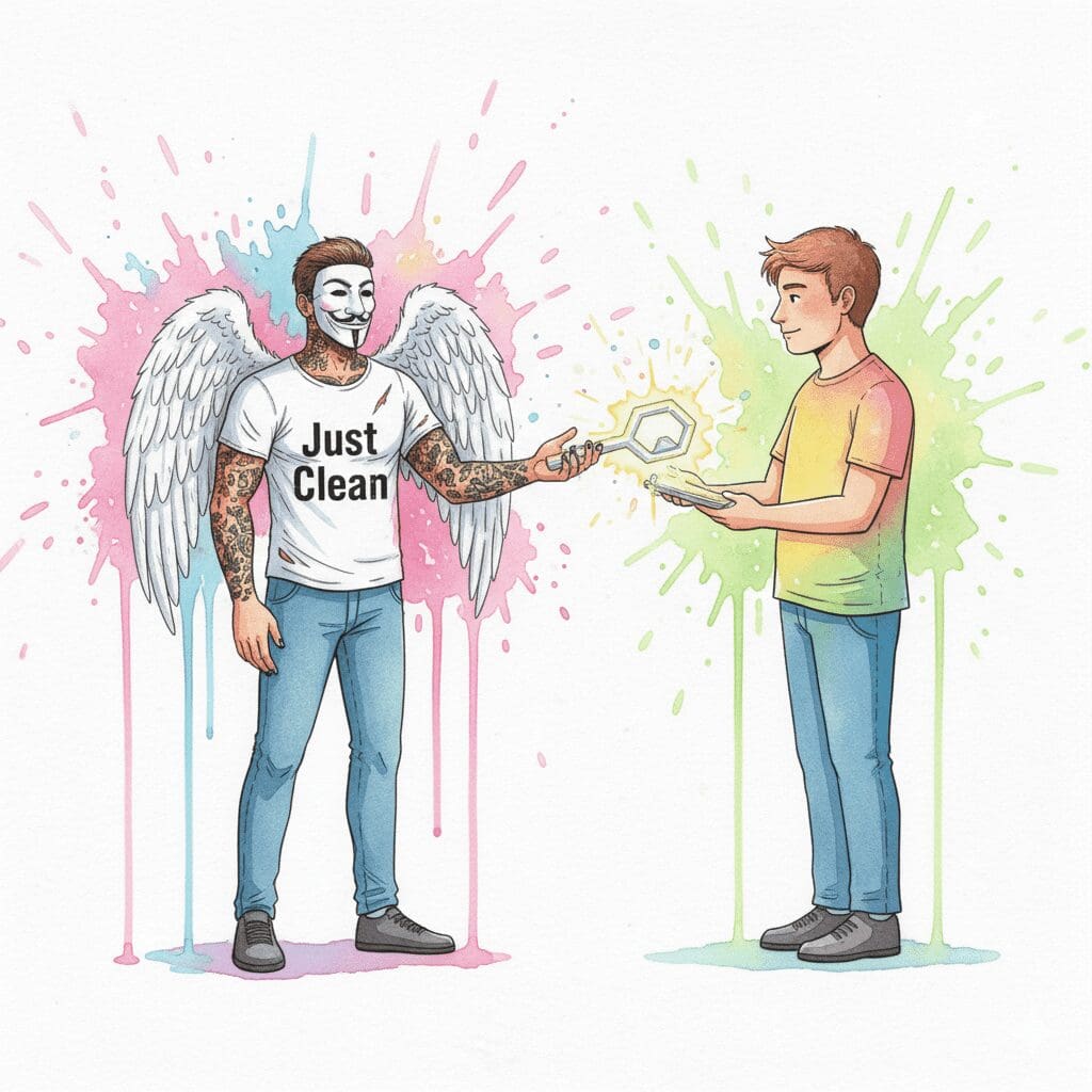 Die NeelixberliN-Figur übergibt einem Elternteil symbolisch die neuen Werkzeuge. Symbol für Empowerment und Hilfe zur Selbsthilfe.