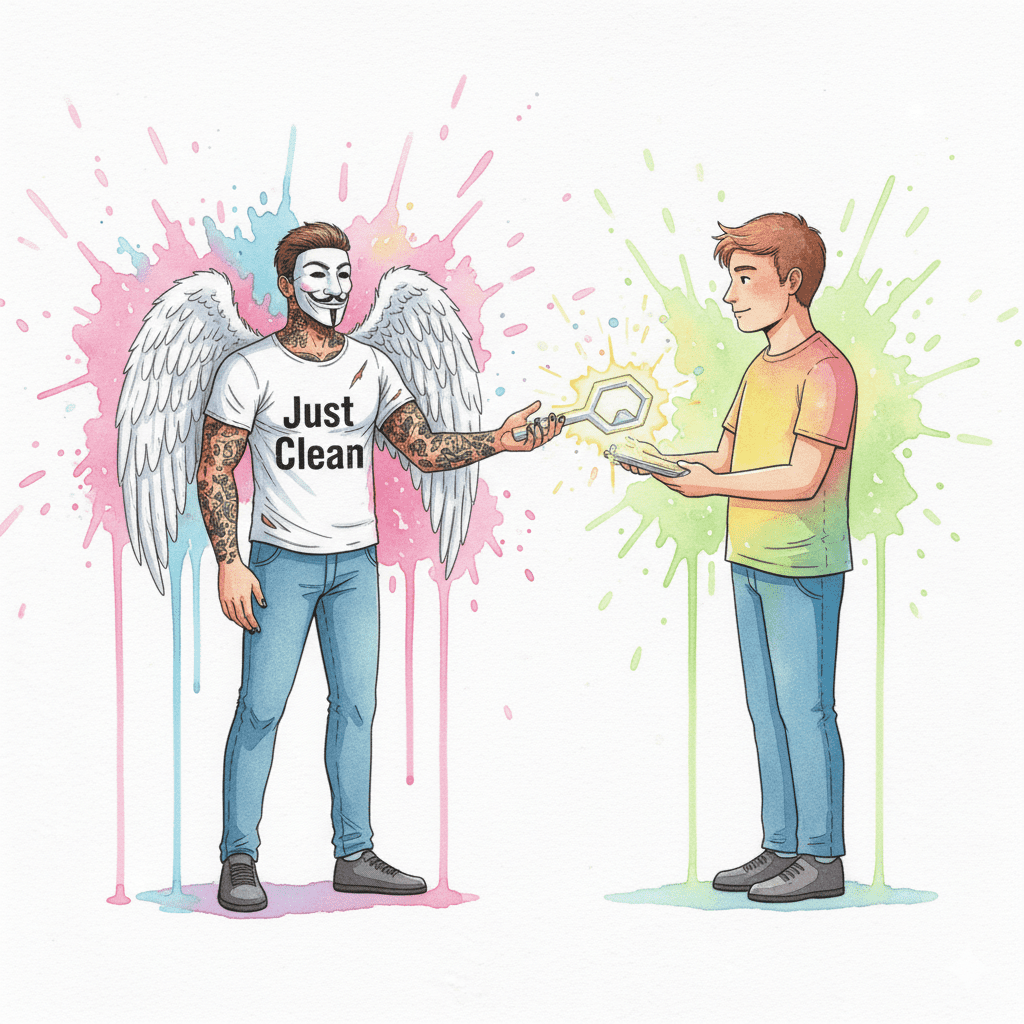 Die NeelixberliN-Figur übergibt einem Elternteil symbolisch die neuen Werkzeuge. Symbol für Empowerment und Hilfe zur Selbsthilfe.