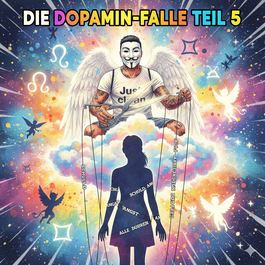 Titelbild "DIE DOPAMIN-FALLE TEIL 5". Die NeelixberliN-Figur hält eine Schere, um die Marionetten-Fäden ("Schuld", "Angst") zu durchschneiden, an denen eine Eltern-Figur hängt. Symbol für das Erkennen der Dopamin-Tricks.