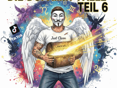 Titelbild "DIE DOPAMIN-FALLE TEIL 6". Die NeelixberliN-Figur hält eine leuchtende "Langeweile-Box" (Schatzkiste), die als Superkraft und Sucht-Impfung die dunklen Symbole der digitalen Sucht (TikTok, Roblox) vertreibt.