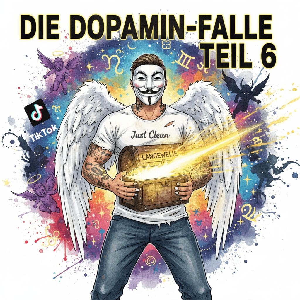 Titelbild "DIE DOPAMIN-FALLE TEIL 6". Die NeelixberliN-Figur hält eine leuchtende "Langeweile-Box" (Schatzkiste), die als Superkraft und Sucht-Impfung die dunklen Symbole der digitalen Sucht (TikTok, Roblox) vertreibt.