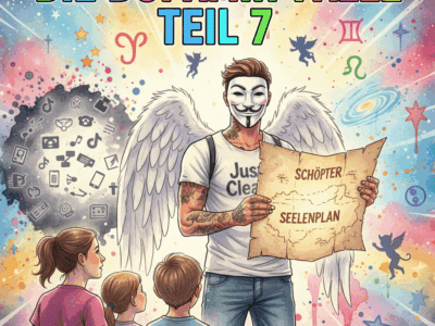 Titelbild "DIE DOPAMIN-FALLE TEIL 7". Die NeelixberliN-Figur zeigt Eltern und Kind eine leuchtende "Schöpfer"-Landkarte und wendet sich von digitalen Sucht-Symbolen (Roblox, TikTok) ab.