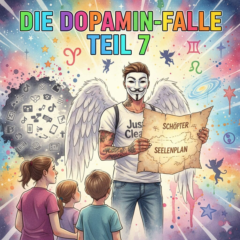 Titelbild "DIE DOPAMIN-FALLE TEIL 7". Die NeelixberliN-Figur zeigt Eltern und Kind eine leuchtende "Schöpfer"-Landkarte und wendet sich von digitalen Sucht-Symbolen (Roblox, TikTok) ab.