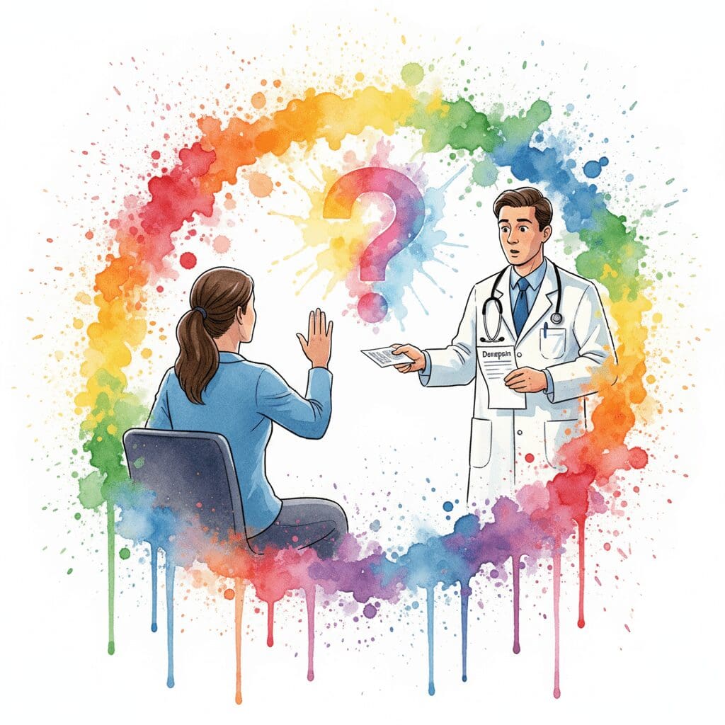 Ein Patient stoppt einen Arzt, der ihm Doxepin verschreiben will. Symbol für den mündigen Patienten und das Hinterfragen von Off-Label-Verschreibungen.