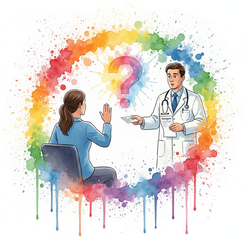 Ein Patient stoppt einen Arzt, der ihm Doxepin verschreiben will. Symbol für den mündigen Patienten und das Hinterfragen von Off-Label-Verschreibungen.