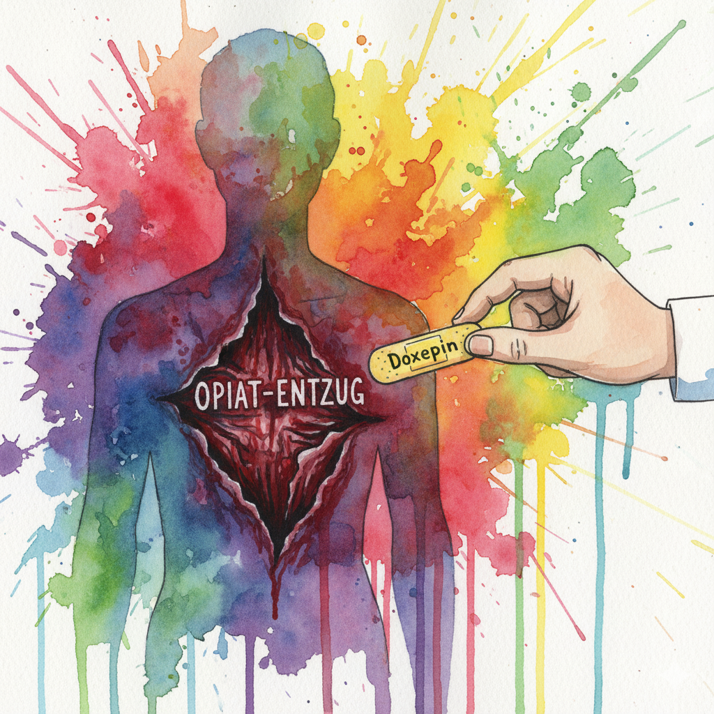 Ein Arzt klebt ein kleines Doxepin-Pflaster auf eine riesige Schusswunde (Opiat-Entzug). Symbol für die unzureichende und falsche Behandlung.