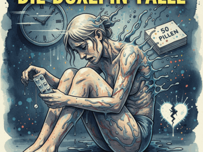 Titelbild "Die Doxepin-Falle". Eine Person leidet unter Opiat-Entzugskrämpfen, hält einen Doxepin-Blister, während eine Uhr schnell läuft und 50 Pillen-Stapel sowie ein zerbrochenes Herz sichtbar sind.