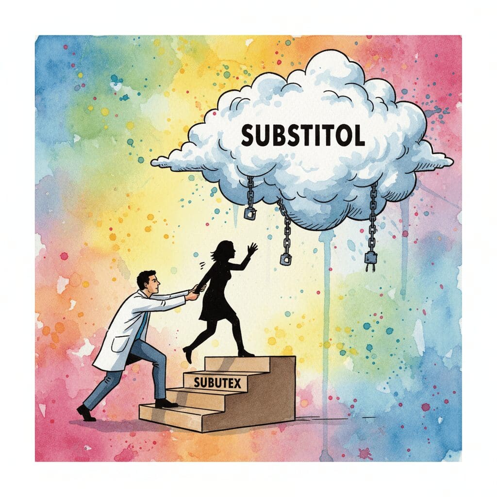 Ein Arzt setzt einen Patienten auf eine trügerische "Substitol-Wolke" statt auf die "Subutex-Treppe". Symbol für den Rückschritt in eine schwerere Abhängigkeit.