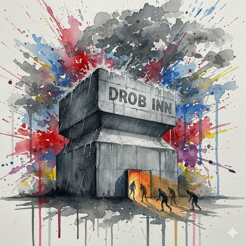 Das Drob Inn als leuchtender Schutzbunker im Sturm. Symbol für den Überlebensraum für Schwerstabhängige.